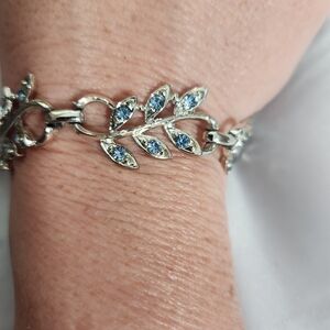 CORO Vintage Silver Leaf Bracelet with Light Blue Stones - Women Jewelry